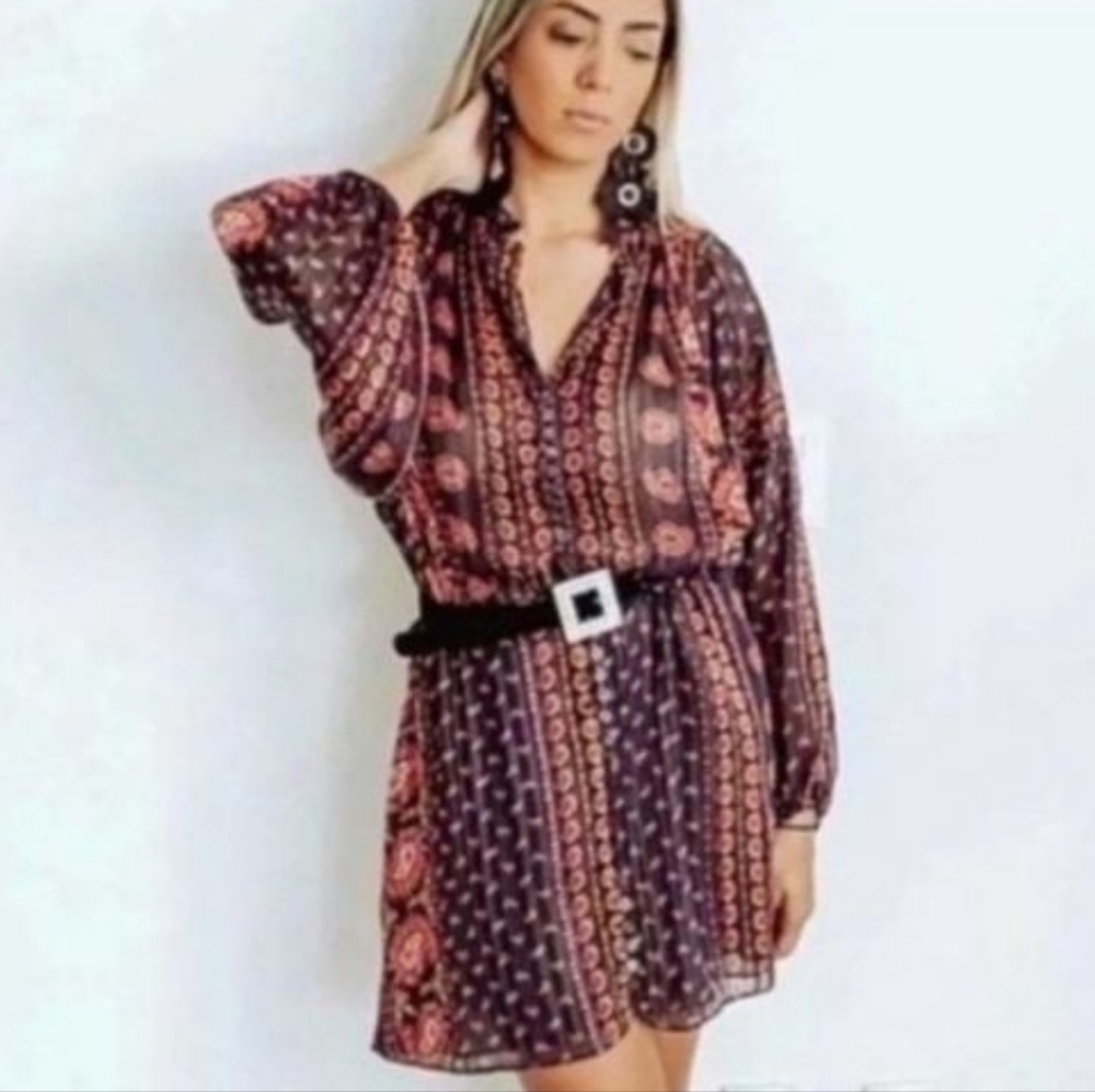 Zara Black Mini Dress with Rust and Burgundy Paisley. NWT Size XS